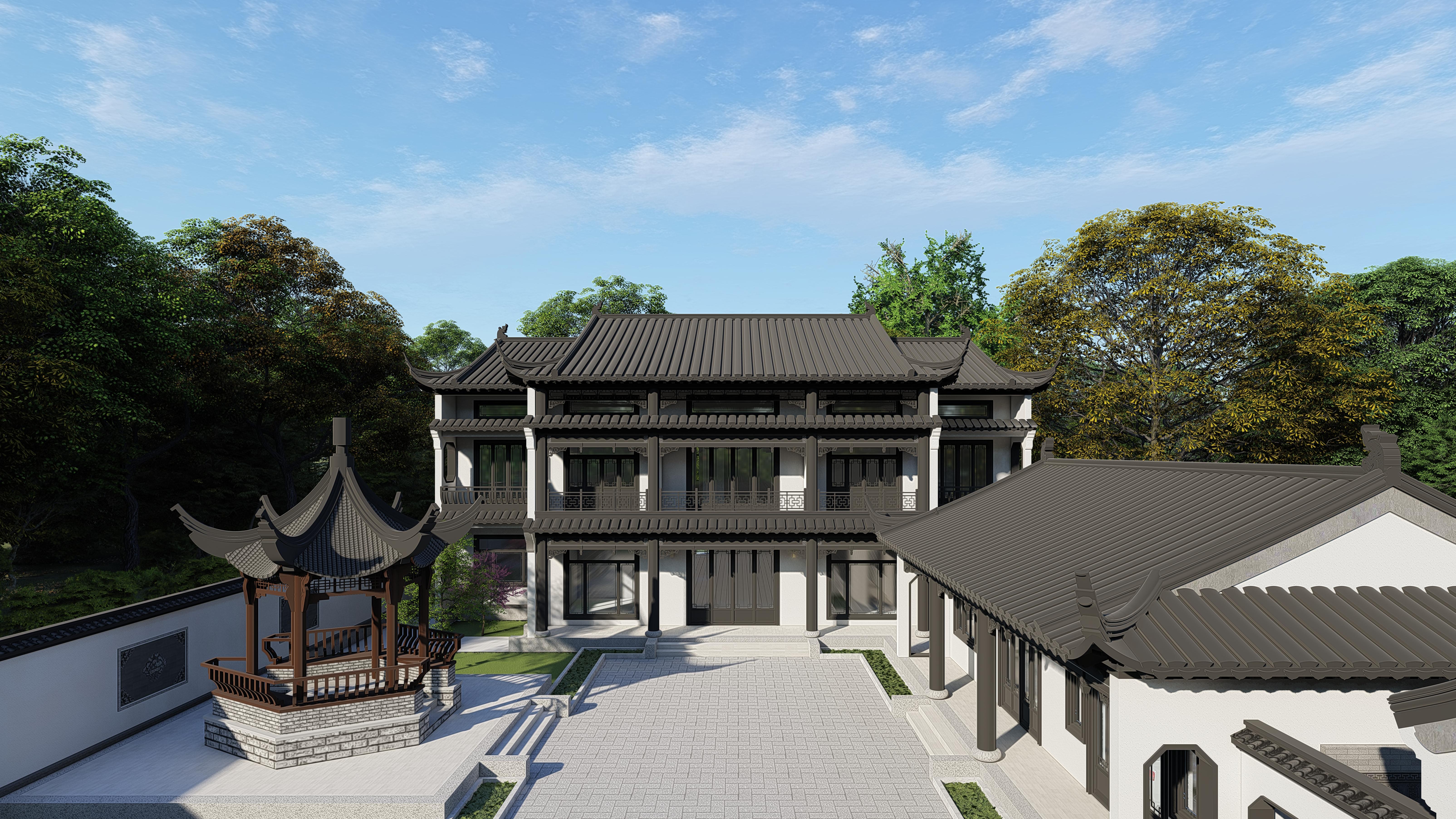 中式鄉(xiāng)村二層別墅建筑圖，帶院子的鄉(xiāng)村二層別墅設(shè)計(jì)分享