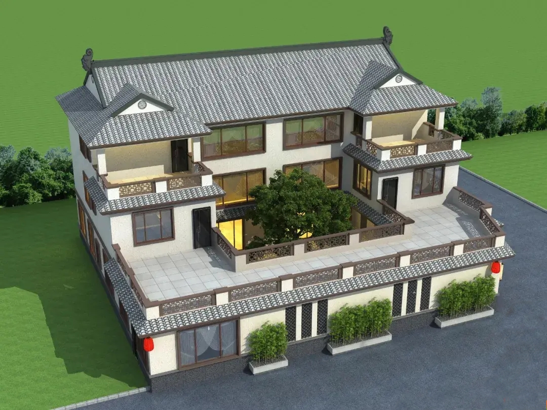 三層雙拼新中式房屋設(shè)計圖紙，農(nóng)村房屋設(shè)計效果圖紙
